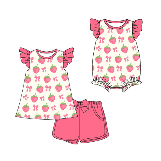 ( Moq 5 Each Style ) Sibling Baby Girls Kids Short Sleeves Strawberry Bows Romper Set Summer Clothes