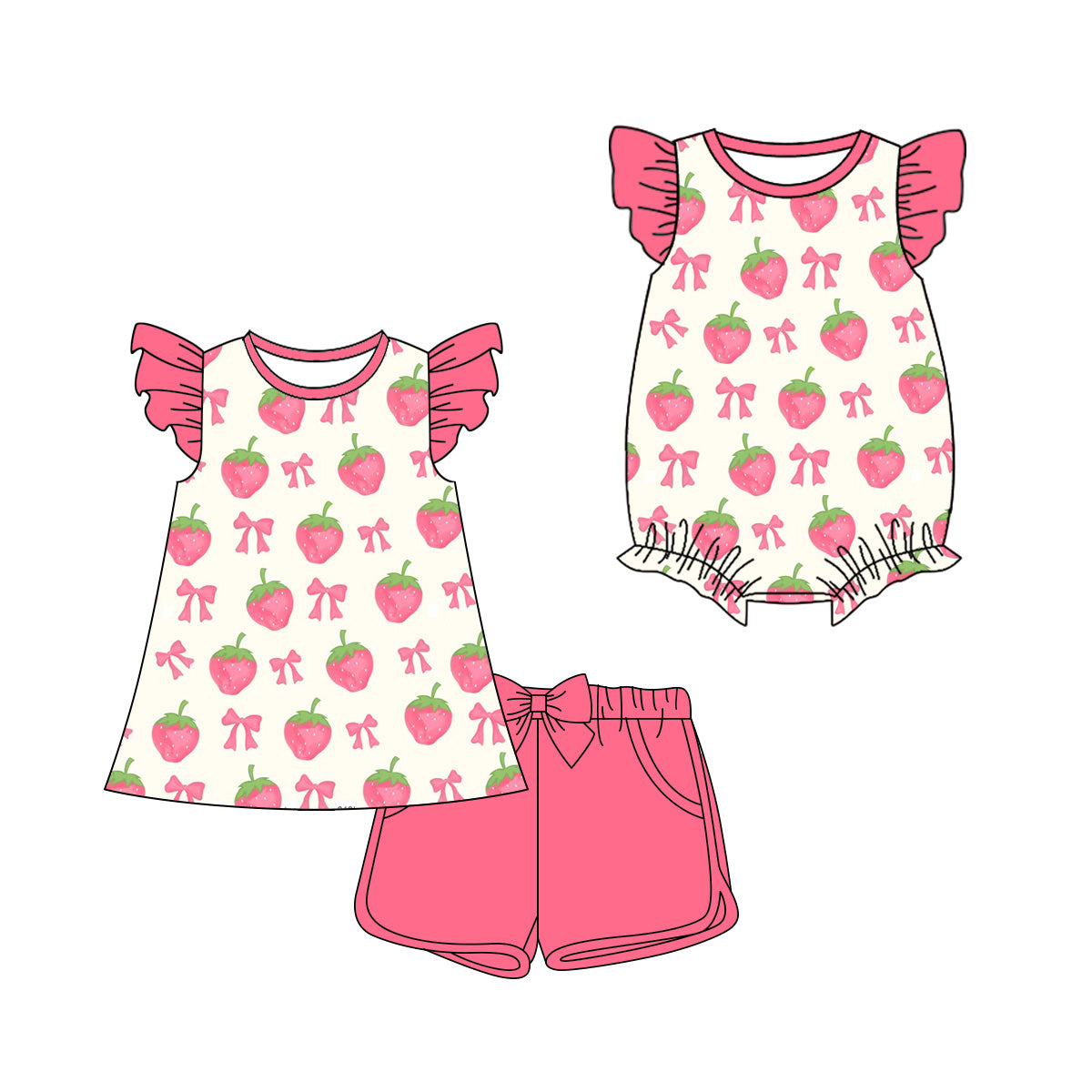 ( Moq 5 Each Style ) Sibling Baby Girls Kids Short Sleeves Strawberry Bows Romper Set Summer Clothes