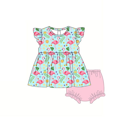 Moq 3 Pre-order GBO0309 Baby Girl Short Sleeves Flamingo Tops Pink Bummie Shorts Summer Set