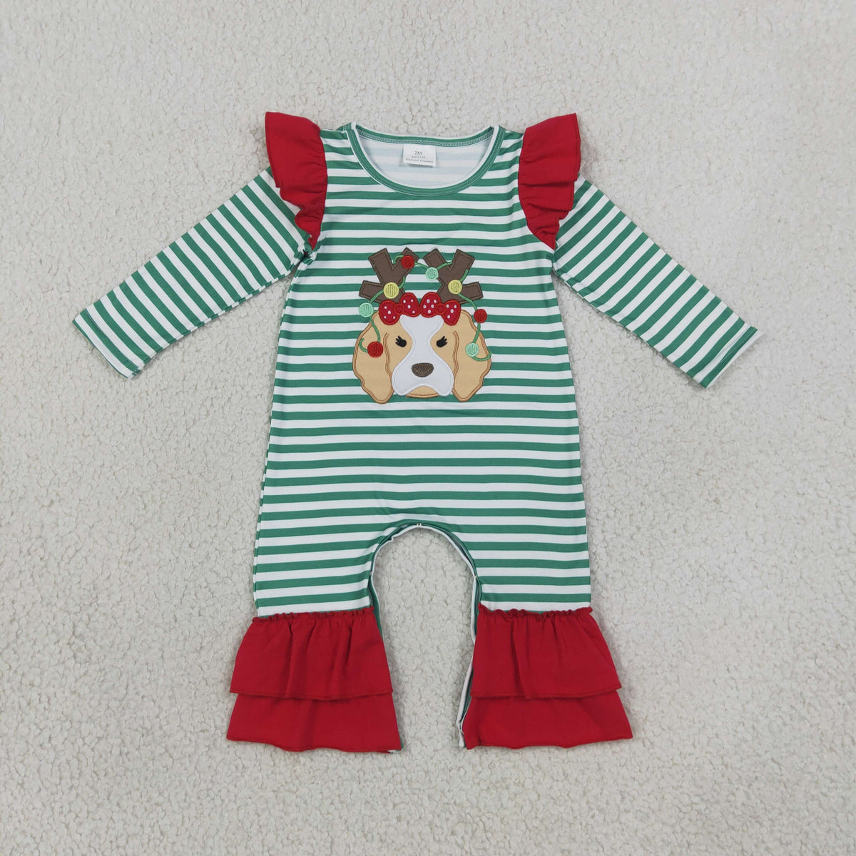 Baby Girl Kids Long Sleeves Embroidery Christmas Dog Green Stripes Romper Clothes RTS