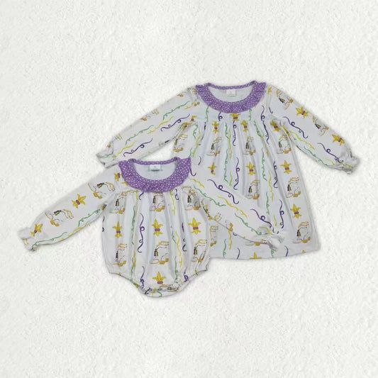 Sibling Baby Girls Kids Long Sleeves Mardi Gras Bows Anchors Ruffle Romper Dress RTS