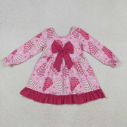 Sibling Baby Girl Kids Long Sleeves Cakes Tree Christmas Pink Bow Romper Dress RTS