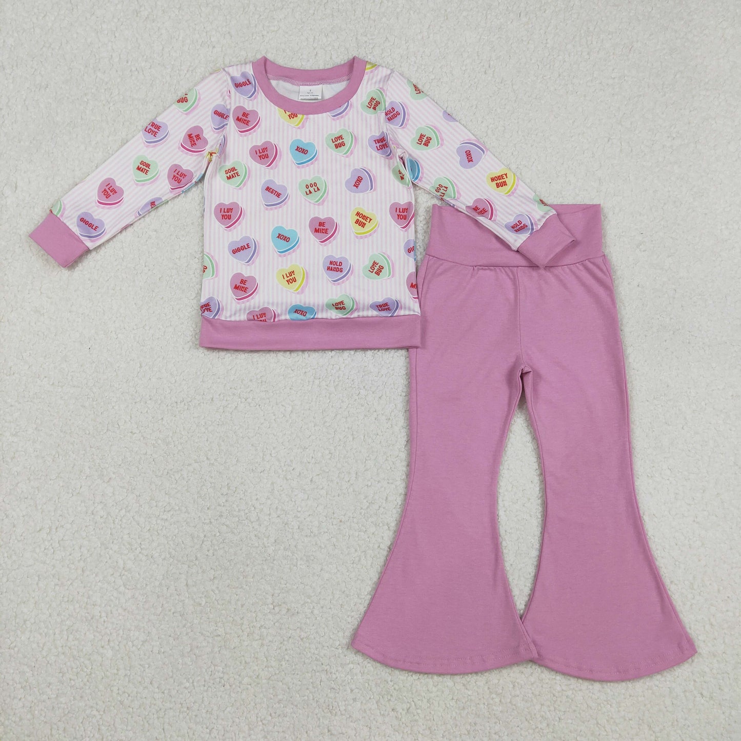 Baby Girls Kids Long Sleeves Hearts Stripes Shirt Pink Bell Pants Valentine Clothes Set