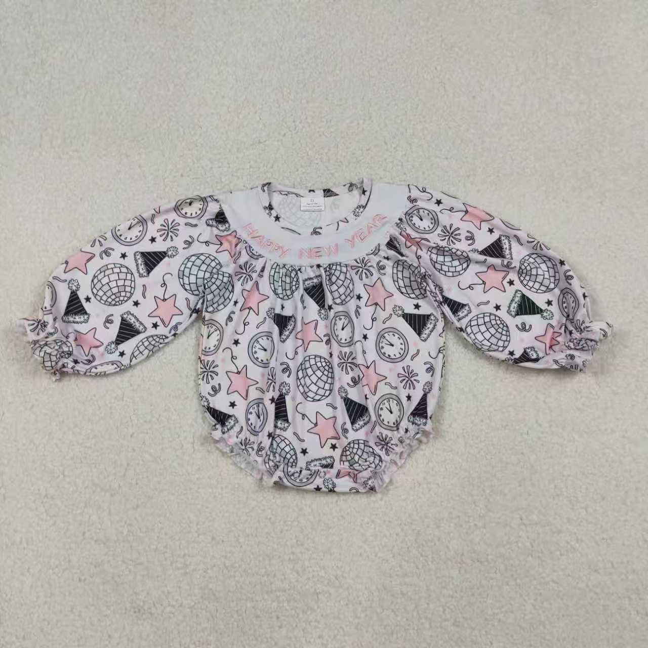 Sibling Baby Girl Long Sleeves Embroidery Happy New Year Stars Romper Dress RTS