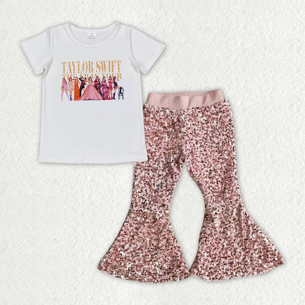 Baby Girl White Short Sleeves Singer Shirt Sequins Bell Pants Clothes Set