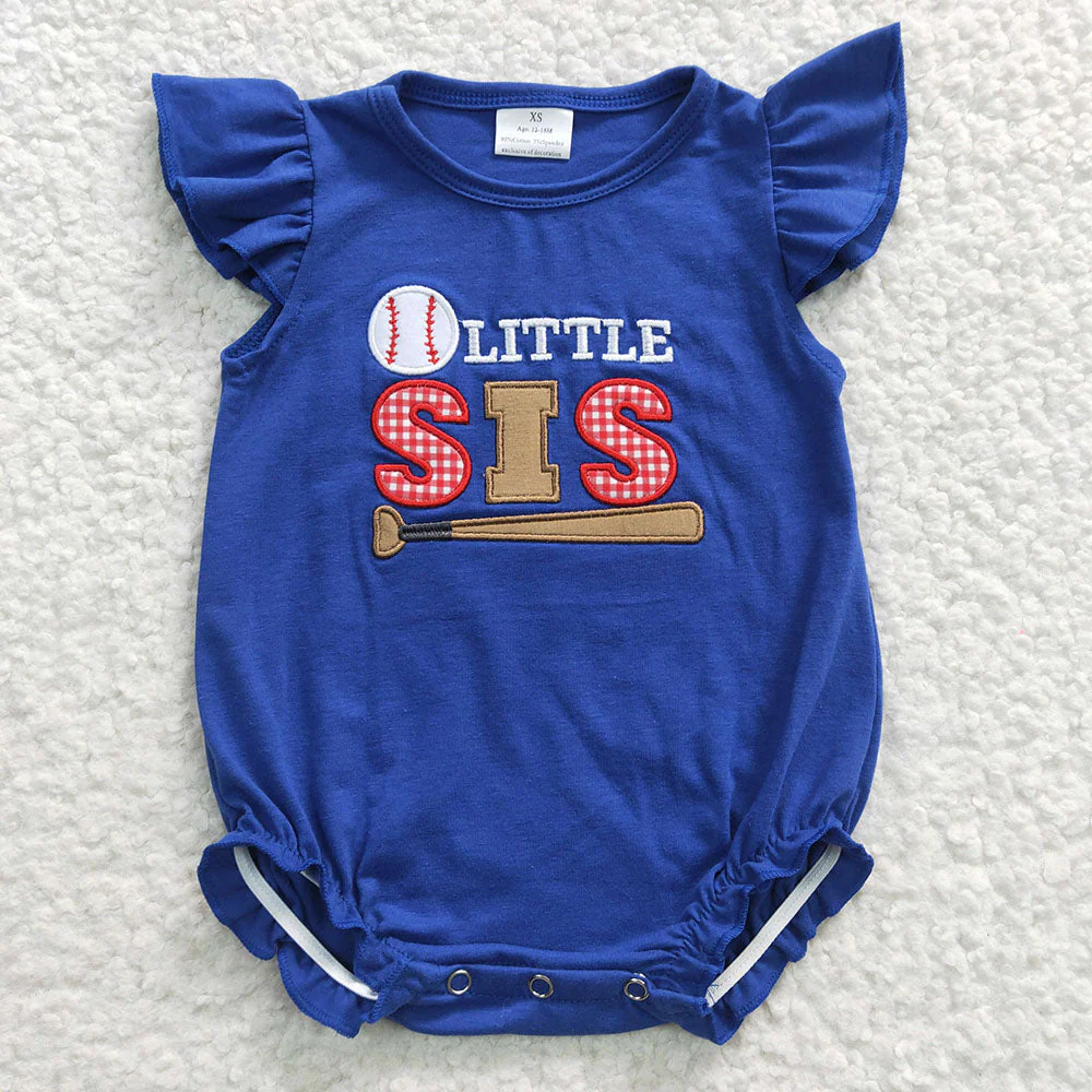 Baby Boy Girl Short Sleeves Embroidery Baseball Sibling Romper Blue Clothes Set