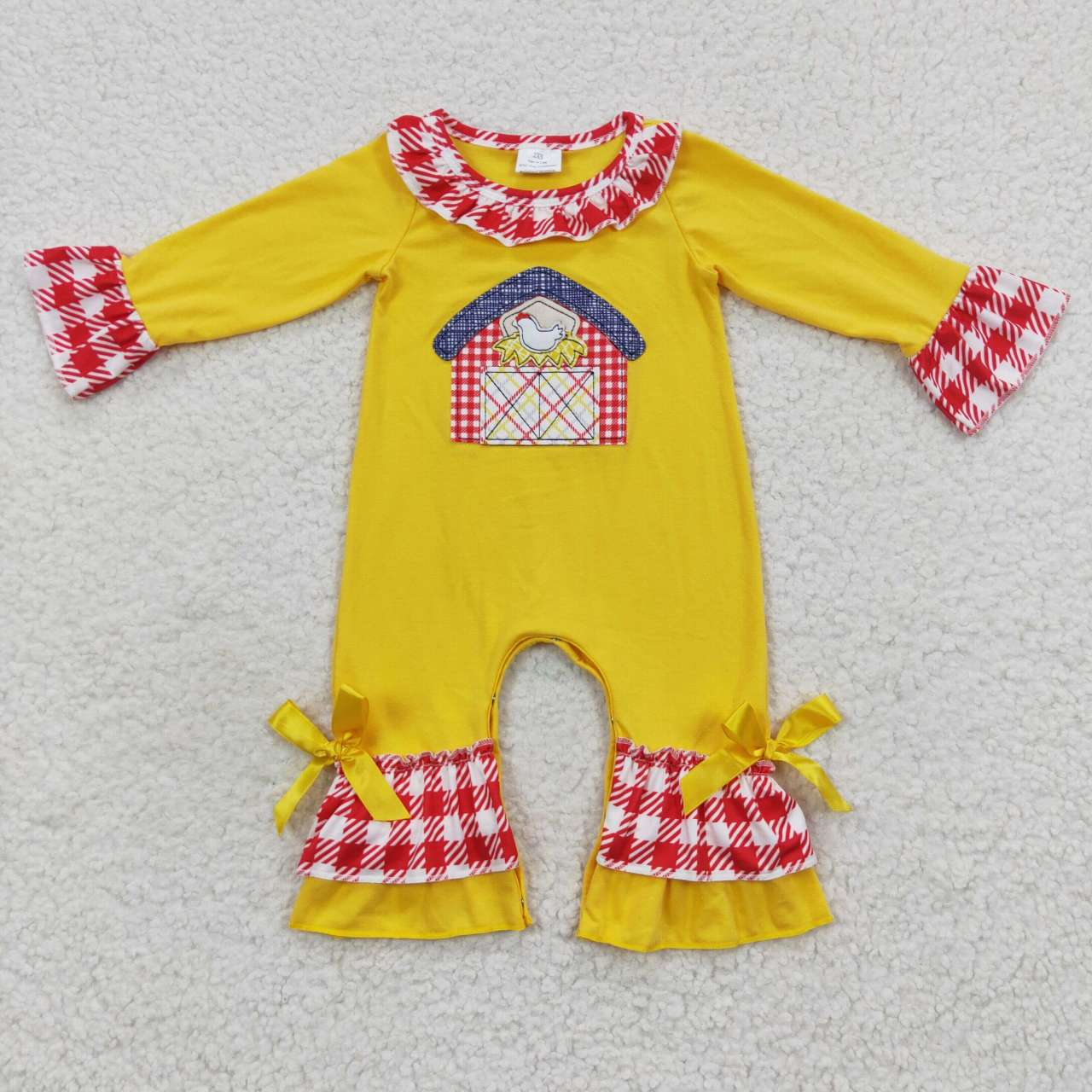 Promotion Baby Boy Long Sleeves Shirt Red Plaid Pants Embroidery Farm Chicken Outfit Pajamas Striped Ruffle Pants Outfit