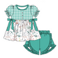Baby Girl Short Sleeves Flower Green Plaid Sibling Romper Dress Clothes Set ( Moq 5 Each Design )11.19