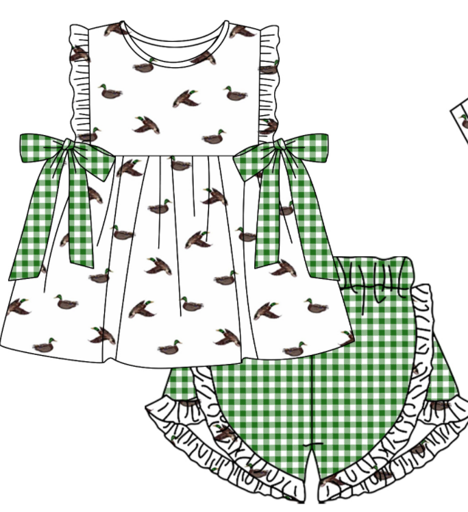 Baby Boy Girl Ducks Bows Sibling Matching Green Dress Romper Clothes Set ( Moq 5 Each style )