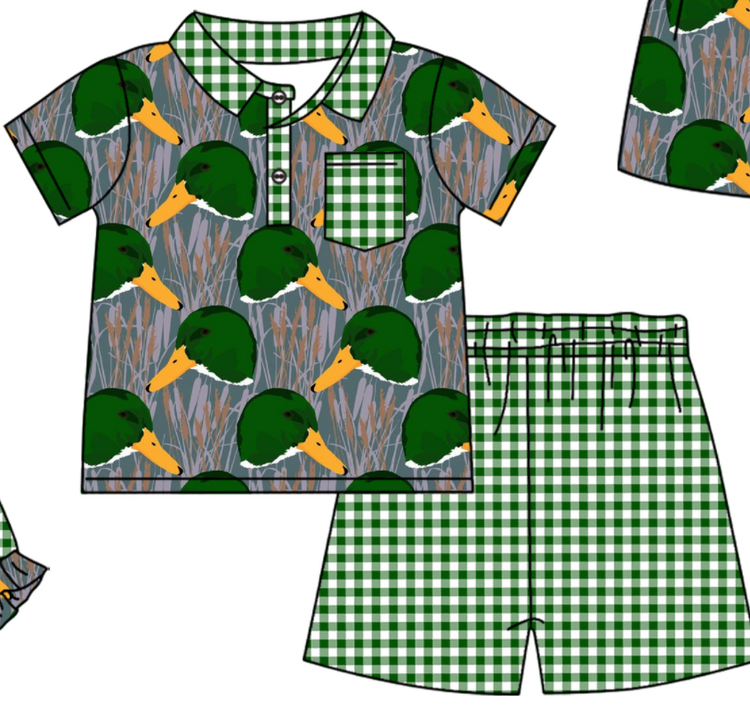 Baby Boy Girl Ducks Plaid Sibling Matching Green Dress Romper Clothes Set ( Moq 5 Each style )