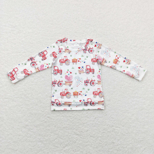 BT0487 Baby Girl Valentine's Day Long Sleeves Tractor Hearts Shirt Tops