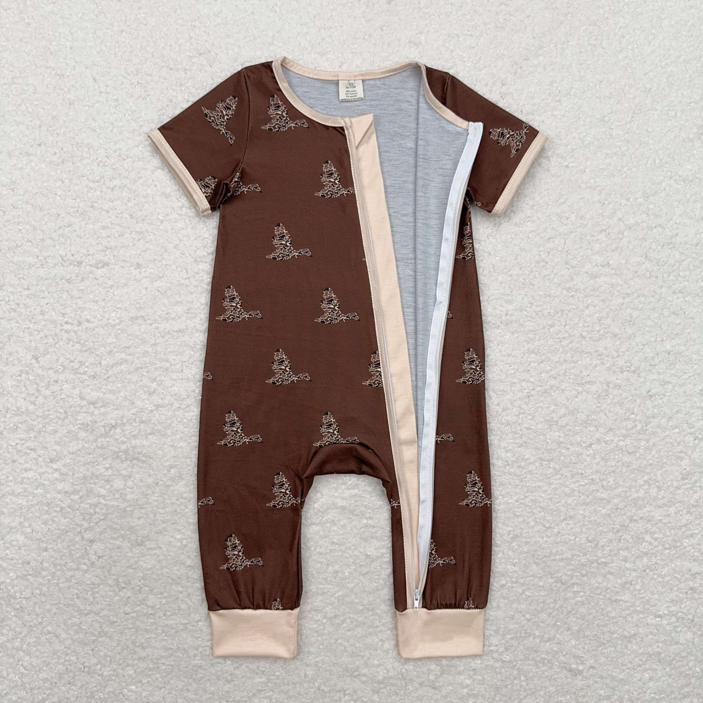 Baby Boy Short Sleeves Brown Camo Ducks Zipper Bamboo Romper