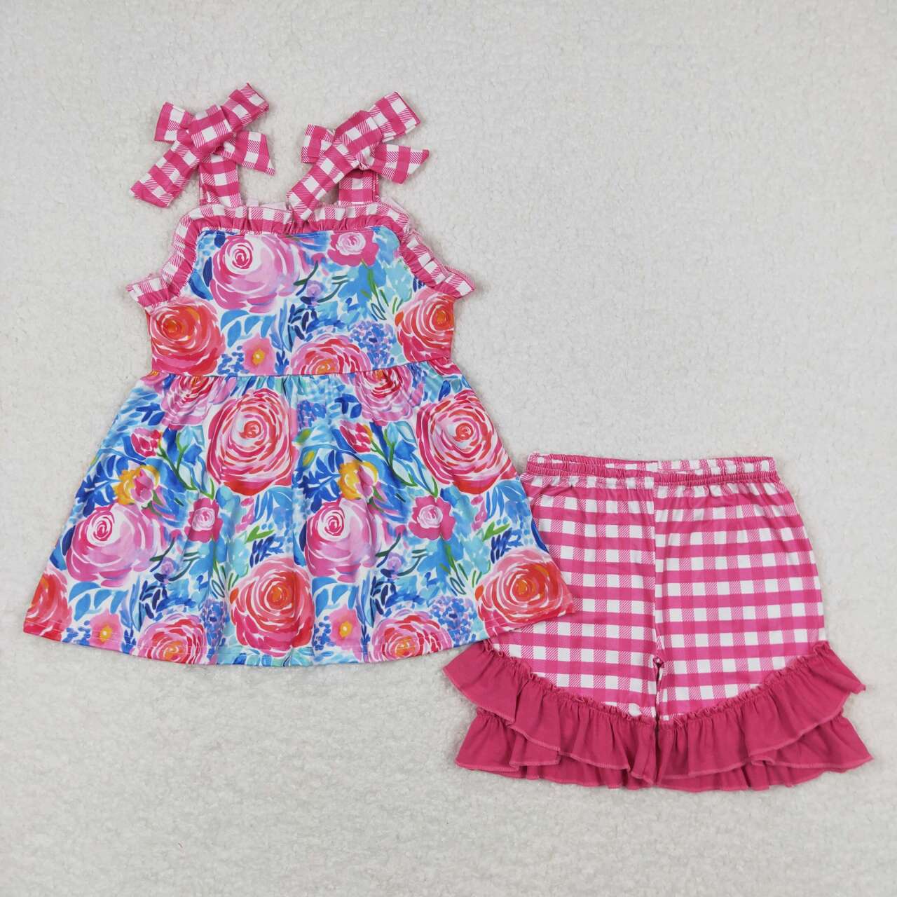Baby Girl Sleeveless Floral Tunic Ruffle Plaid Shorts Set