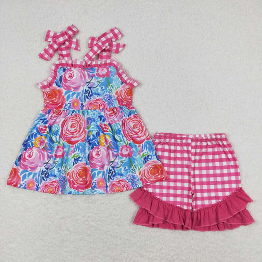 Baby Girl Sleeveless Floral Tunic Ruffle Plaid Shorts Set