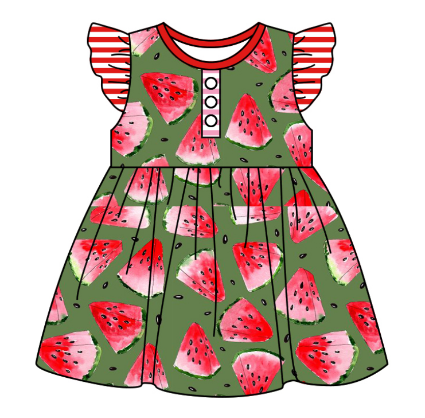 Baby Girl Short Sleeves Watermelon Sibling Romper Dress Clothes Set ( Moq 5 Each Design )