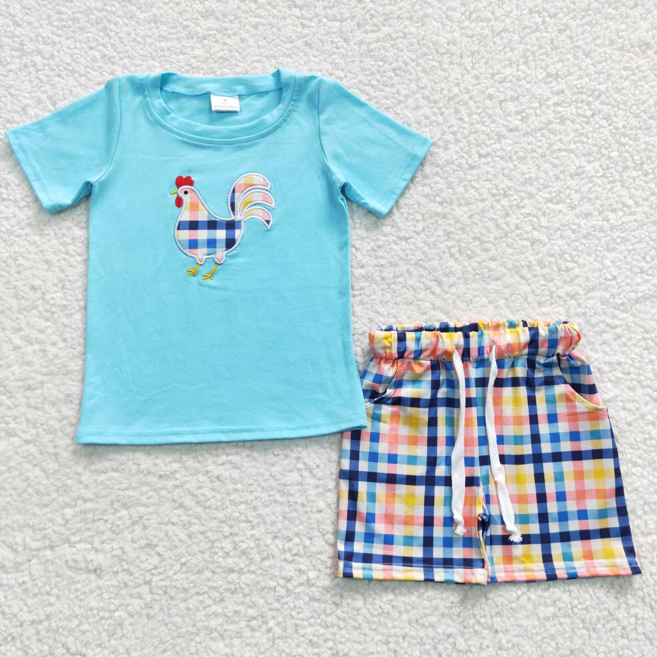 BSSO0270 Baby Boy Summer Short Sleves Embroidery Chicken Top Plaid Pocket Shorts Outfit