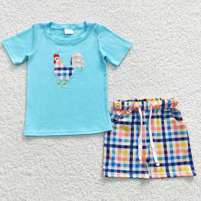 BSSO0270 Baby Boy Summer Short Sleves Embroidery Chicken Top Plaid Pocket Shorts Outfit