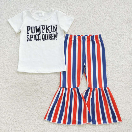 GSPO0794 Baby Girl White Short Sleeves Pumpkin Stripes Pants Outfit