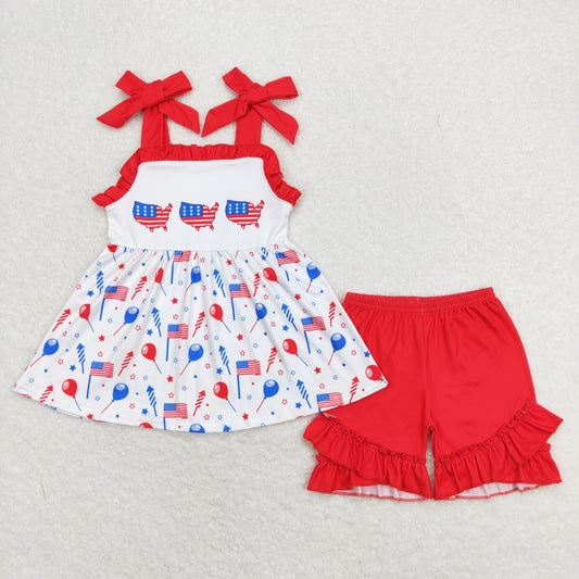 Baby Girl Sleeveless Balloons Flag Tops Red Shorts July 4th Set