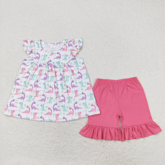 Baby Girl Short Sleeves Dinosaurs Tunic Ruffle Pink Shorts Summer Set