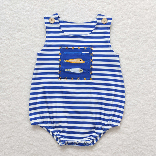 Baby Boy Sleeveless Embroidery Fishing Stripes Blue Summer One Piece Romper