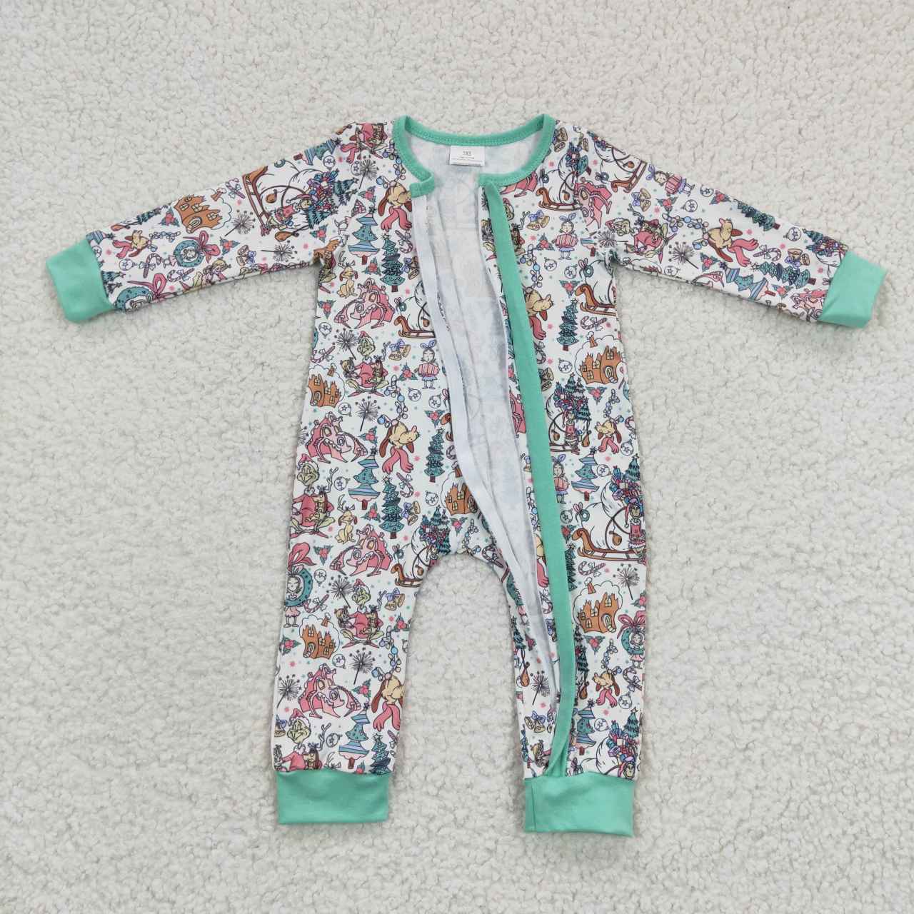 LR0296 Christmas Baby Kids Long Sleeves Cartoon Green Zip Romper