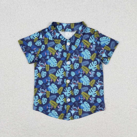 Baby Boy Short Sleeves Cartoon Buttons Blue Shirt