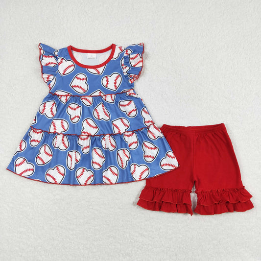 Baby Girl Short Sleeves Baseball Hearts Tunic Red Cotton Shorts Set