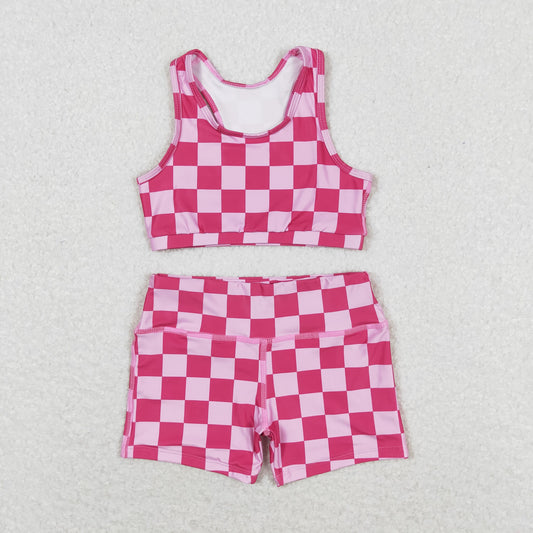 Baby Girl Racer Crop Tops Shorts Pink Checkered Set