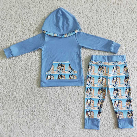 Baby Boy Long Sleeves Dogs Blue Hoodie Pocket Shirt Pants Clothes Set