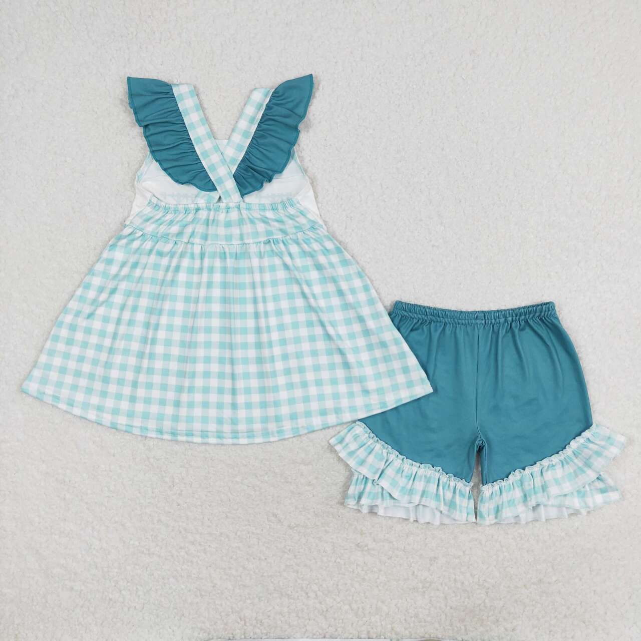 Baby Girl Short Sleeves Line Worker Plaid Tops Green Shorts Summer Set