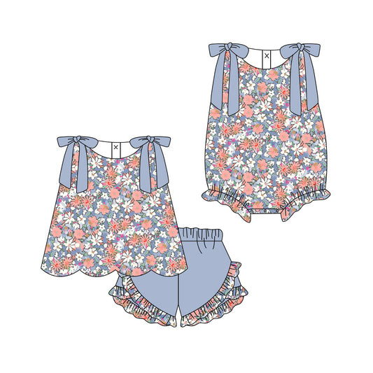 ( Moq 5 Each Style ) Sibling Baby Girls Kids Bows Flower Tops Shorts Summer Set Romper