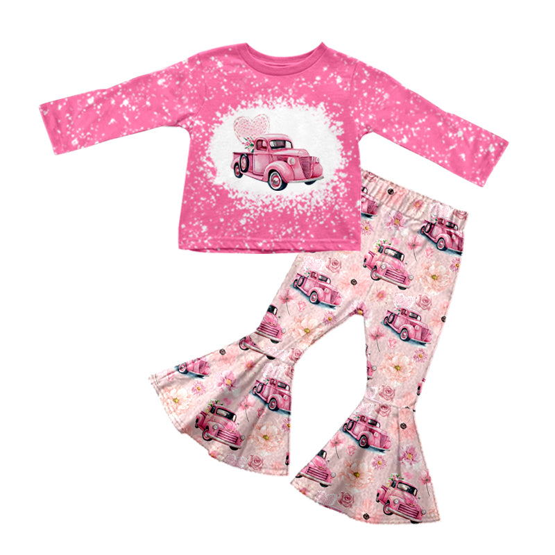 Baby Girl Toddler Valentine Pink Shirt Car Flower Bell Pants Set