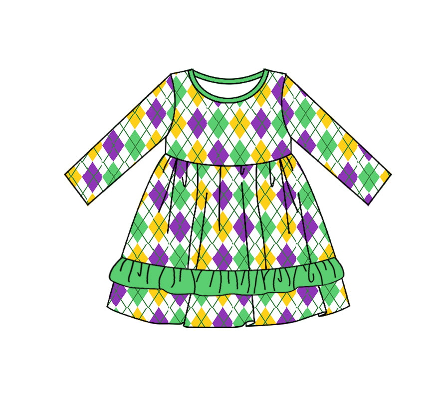 Baby Girl Long Sleeves Mardi Gras Plaid Knee Length Dress