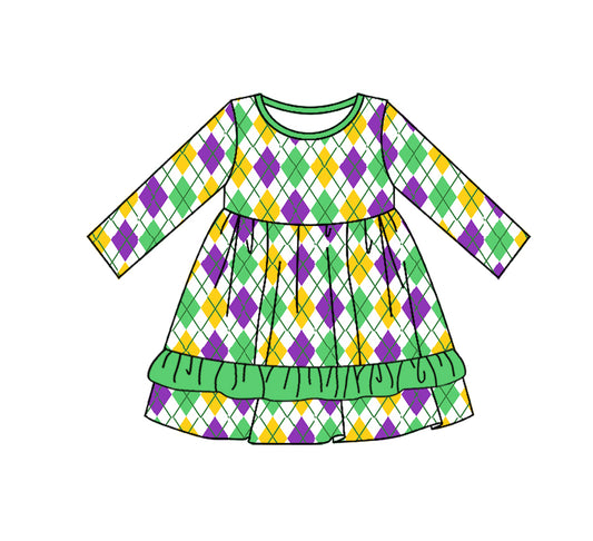 Baby Girl Long Sleeves Mardi Gras Plaid Knee Length Dress