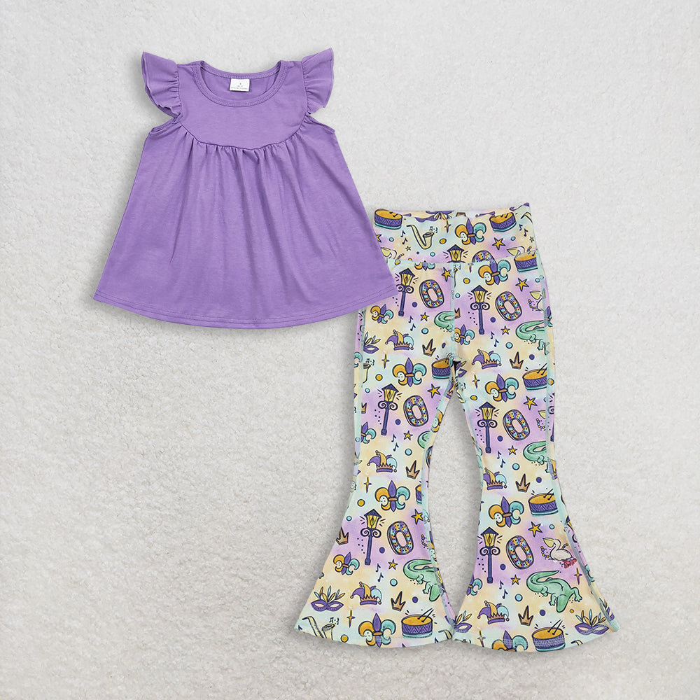 Baby Girls Kids Short Sleeves Purple Tunic Anchors Masks Yoga Pants Mardi Gras Set RTS