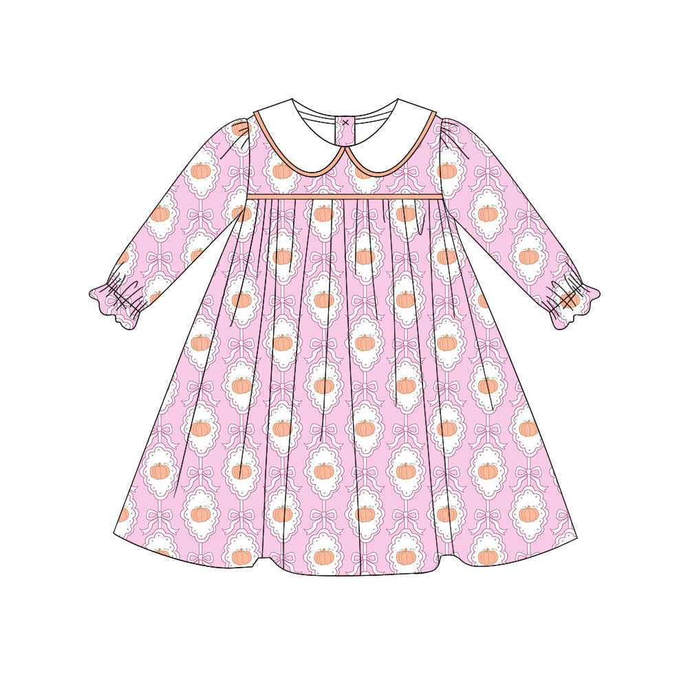 Baby Girl Long Sleeves Fall Pumpkin Bows Pink Dress