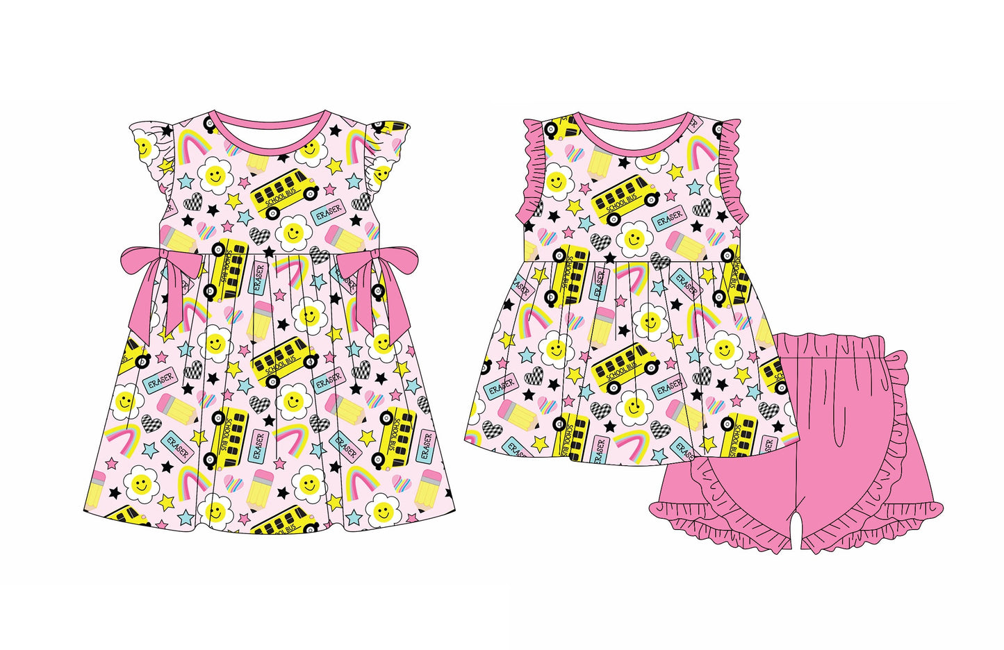 Baby Girl Back To School Bus Flower Sibling Dress Set ( Moq 5 Each Style ) 12.30