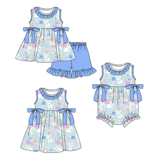 ( Moq 5 Each Style ) Baby Girls Kids Rabbits Carrots Floral Blue Bows Sibling Easter Romper Dress Set