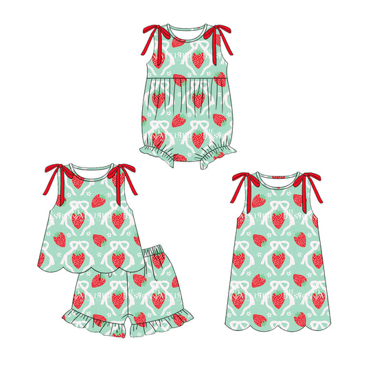 ( Moq 5 Each Style ) Sibling Baby Girls Kids Strawberry Bows Flower Romper Dress Set Green Clothes