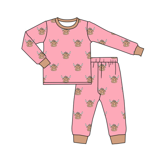 Baby Girl Long Sleeves Western Cow Shirt Pants Pajamas Pink Set