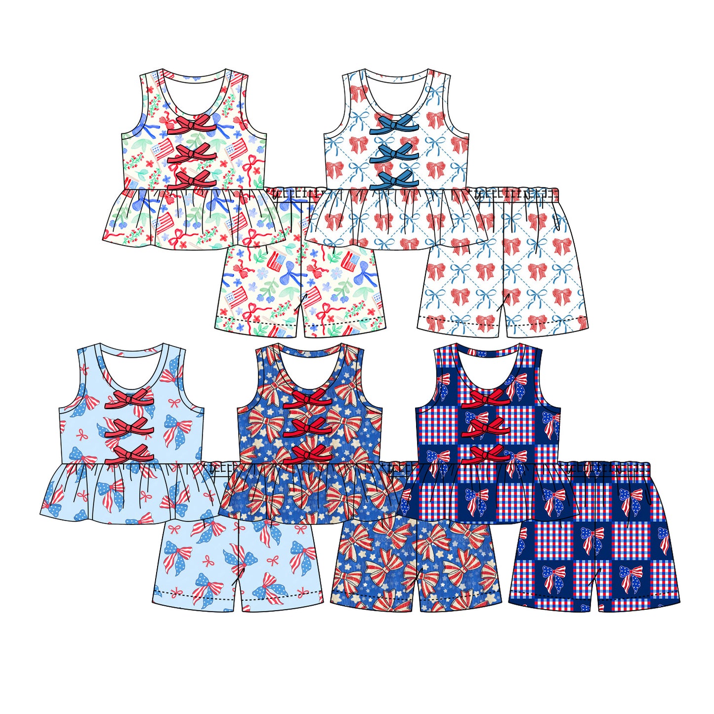 ( Moq 5 Each Style ) Sibling Baby Girls Kids Bows Flags Tops Shorts Sets 4th of July Clothes