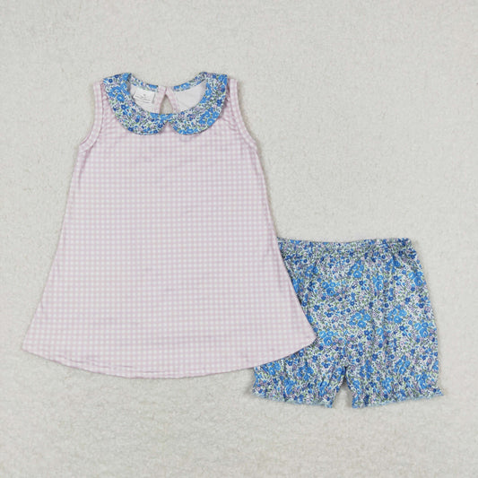 Baby Girl Sleeveless Pink Plaid Tops Floral Shorts Set