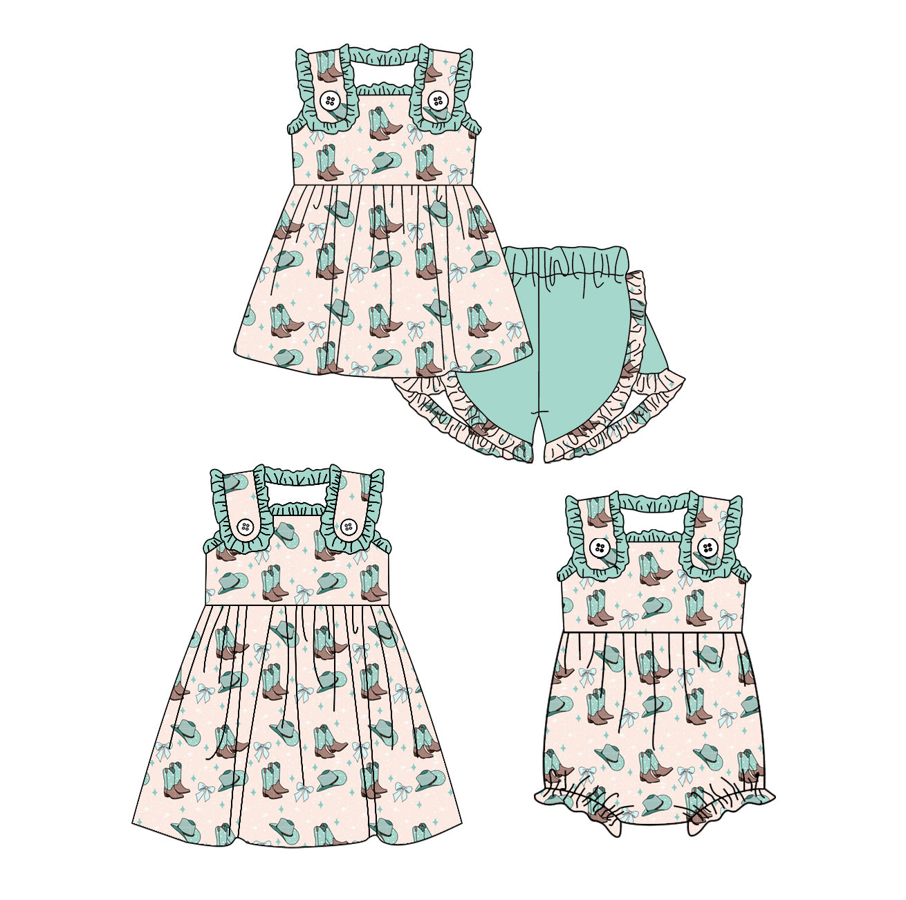 ( Moq 5 Each Style ) Baby Girl Western Boots Bows Sibling Romper Dress Set 3.27