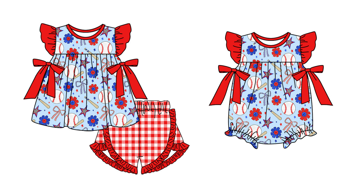 ( Moq 5 Each Style ) Baby Girl Short Sleeves Smile Flower Baseball Bows Sibling Romper Set 3.25
