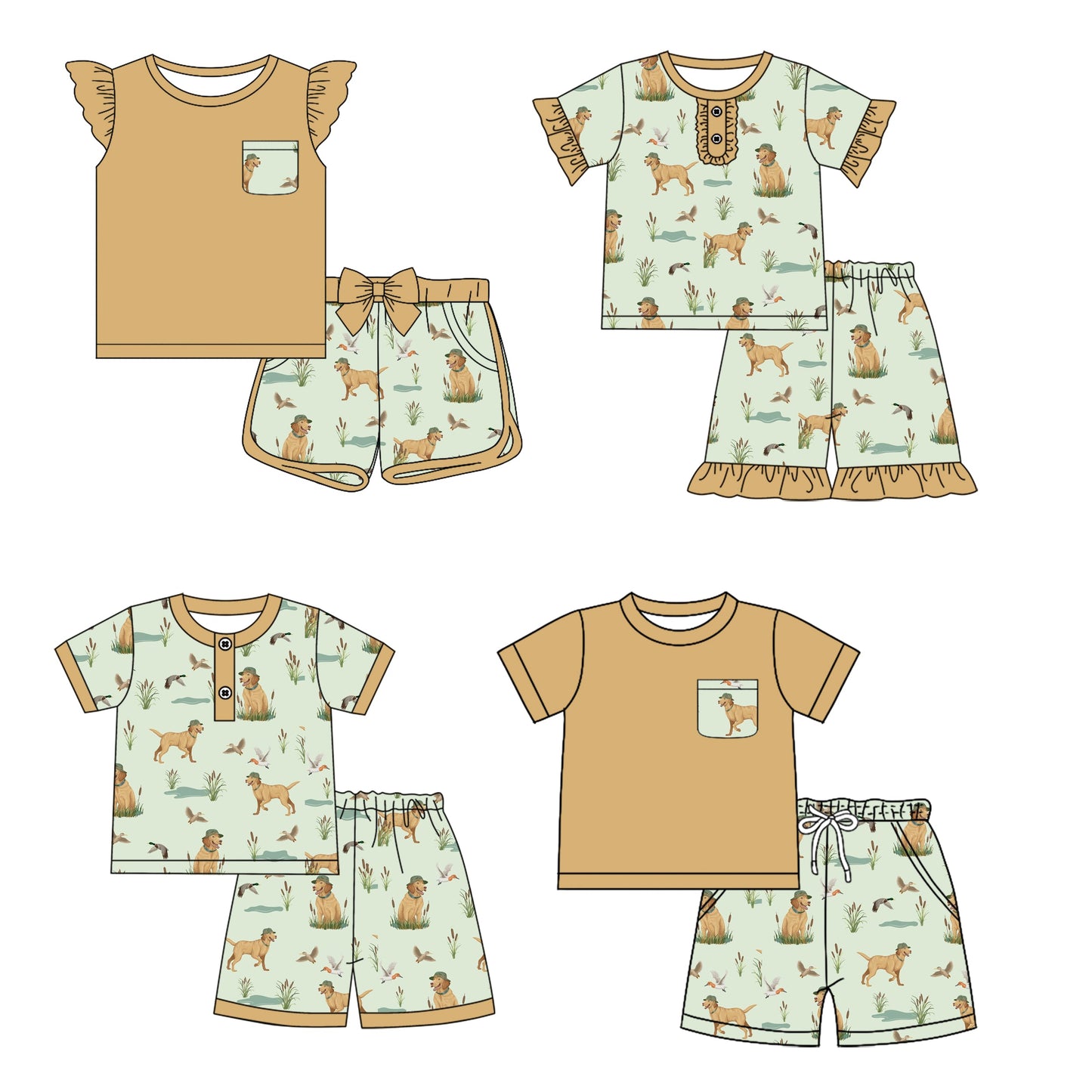 Baby Boy Girl Short Sleeves Dogs Ducks Hunting Sibling Set ( Moq 5 Each Style ) 12.17