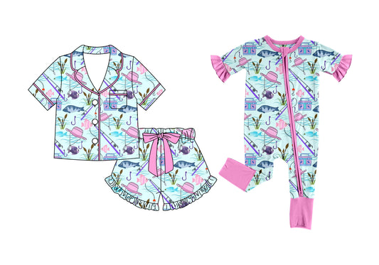 ( Moq 5 Each Style ) Baby Girls Kids Toddler Short Sleeves Fishing Sibling Zipper Romper Pajamas Set