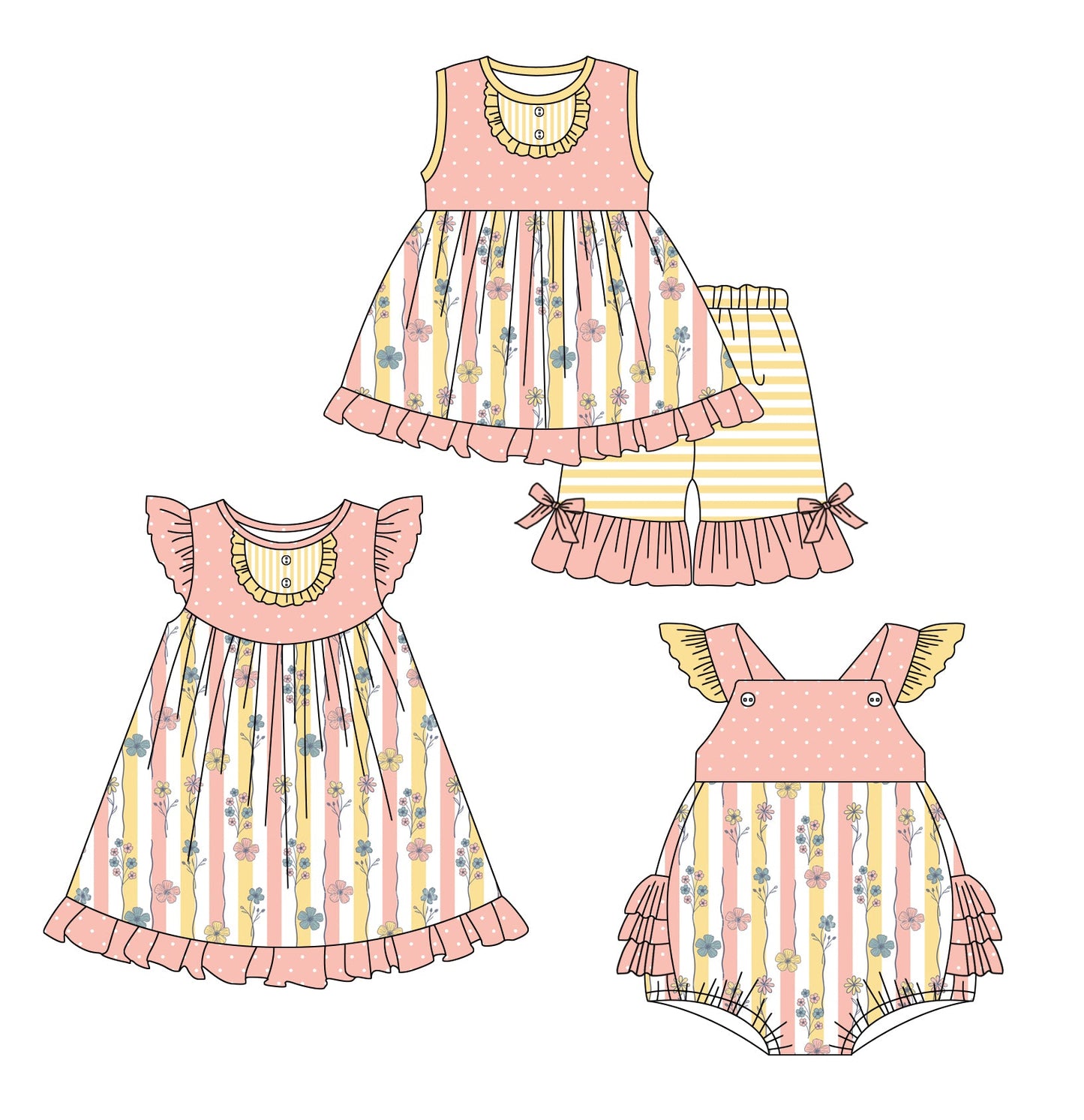 Baby Girl Flower Stripes Sibling Romper Dress Set ( Moq 5 Each Style ) 1.20