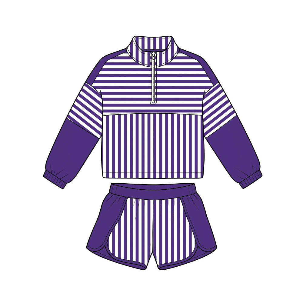 ( Moq 5 ) Baby Girls Kids Long Sleeves Zipper Pullover Stripes Shorts Team Set Clothes
