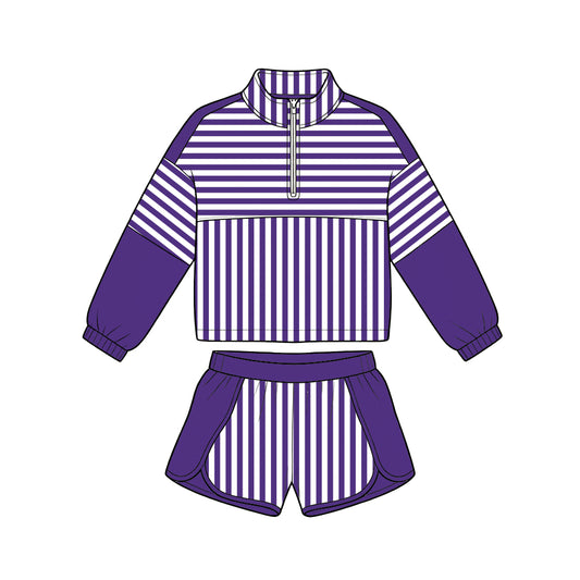 ( Moq 5 ) Baby Girls Kids Long Sleeves Zipper Pullover Stripes Shorts Team Set Clothes